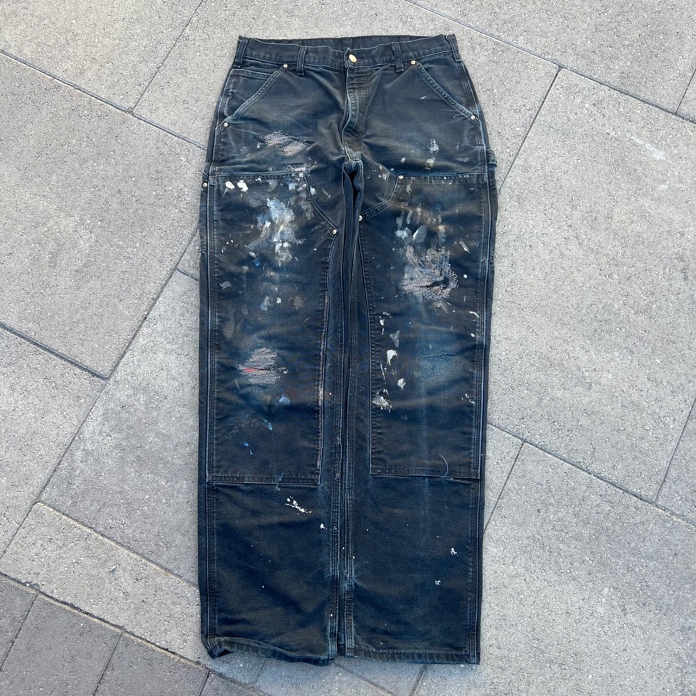 Carhartt B01 BLK Double Knee Work Pants Black Distressed Painted 33x32